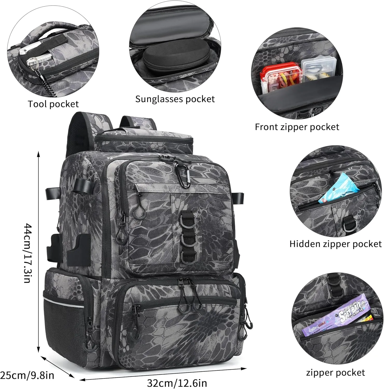 Rabjen Fishing Tackle Backpack, 45L Storage Waterproof Travel Bag Store Fishing Gear with Insulated Top Pocket