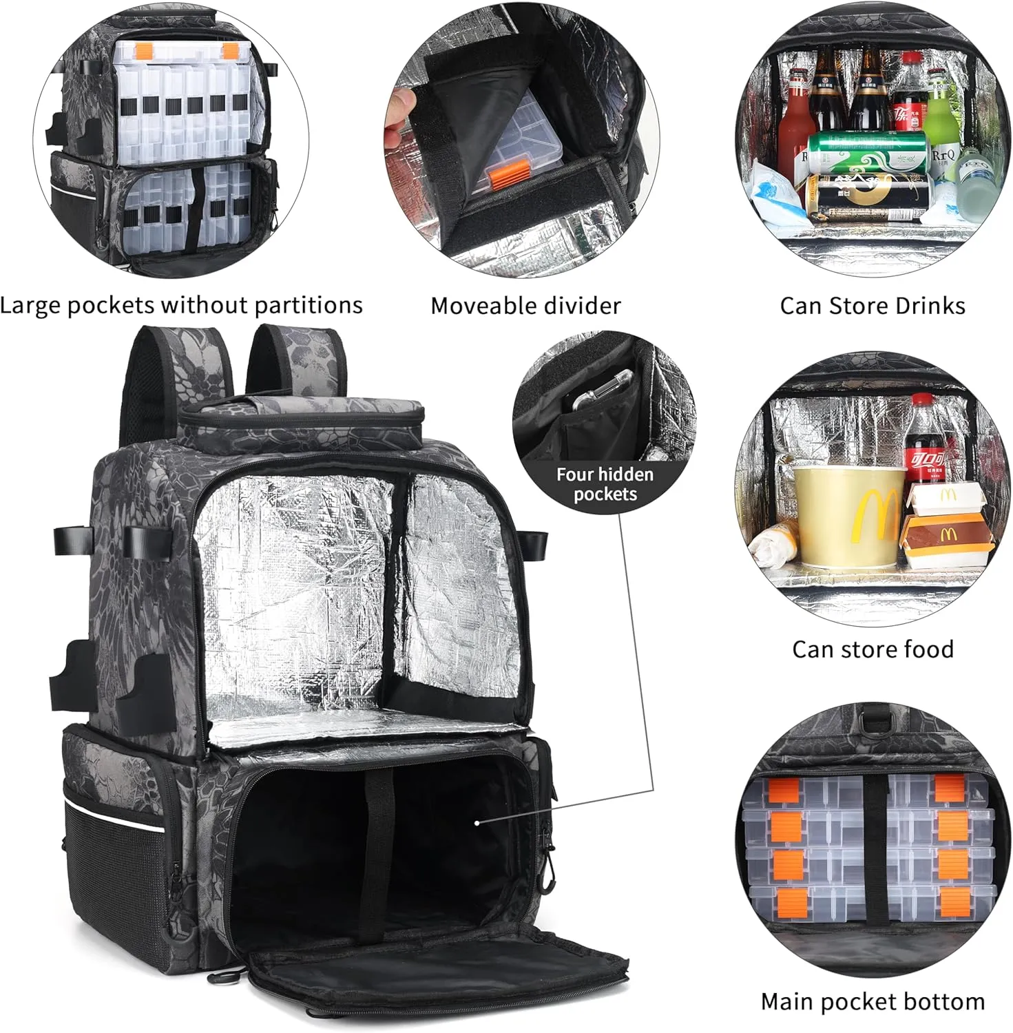 Rabjen Fishing Tackle Backpack, 45L Storage Waterproof Travel Bag Store Fishing Gear with Insulated Top Pocket