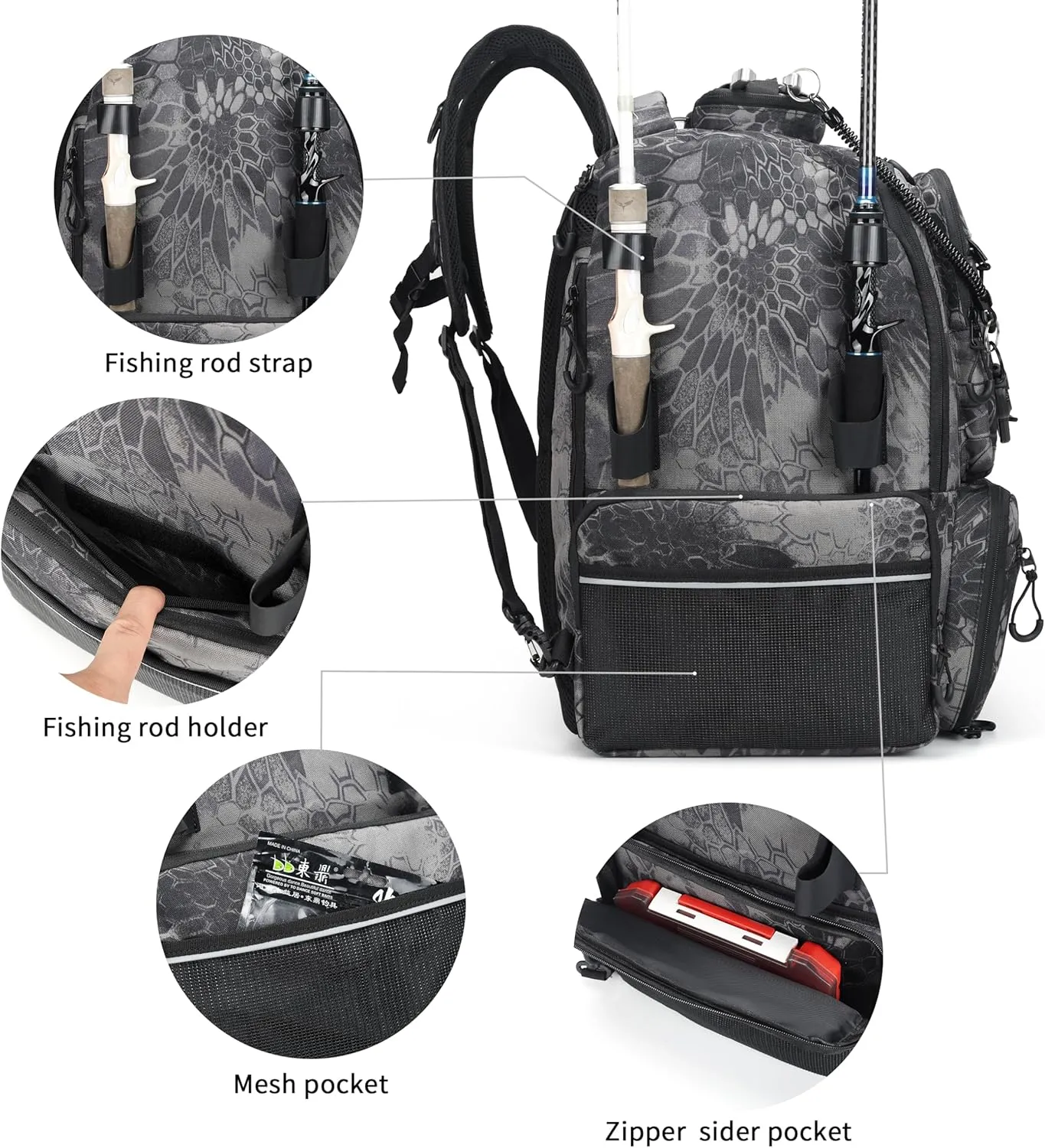 Rabjen Fishing Tackle Backpack, 45L Storage Waterproof Travel Bag Store Fishing Gear with Insulated Top Pocket