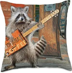 Raccoon Guitar Player Vintage Coffee Guitar Gas Pump Pop Art Throw Pillow