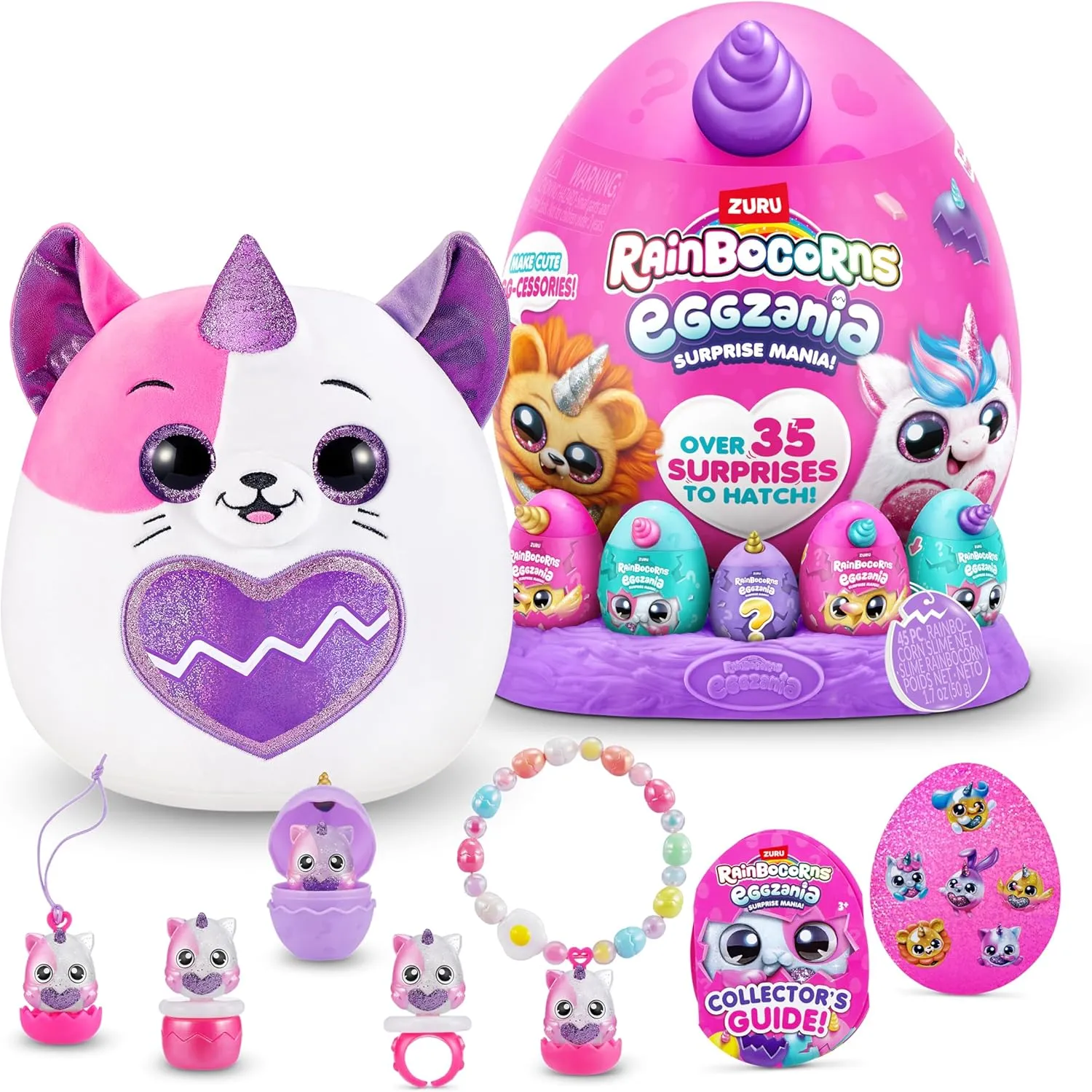 Rainbocorns Eggzania Surprise Mania Series 1 (Kitten) by ZURU, Collectible Plush Stuffed Animal, 5 Mini Eggs, Stickers, DIY Jewelry, Slime, Ages 3  for Girls, Children