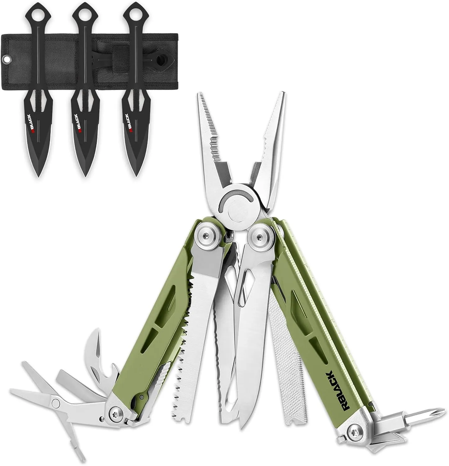 Rblack 21-in-1 Multitool Pliers and Throwing Knives Set of 3 with Nylon Sheath