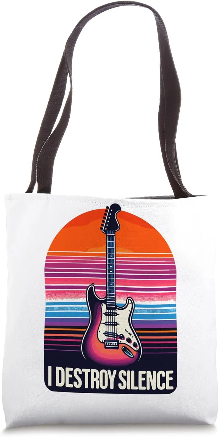 Retro Vintage Guitar, I Destroy Silence Electric Guitar Tote Bag