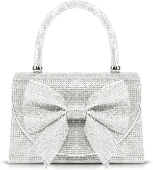 Rhinestone Evening Bag, Silver Bow Tie Handbag for Women, Small Tote Bag, Crossbody Bag for Wedding, Prom, Parties