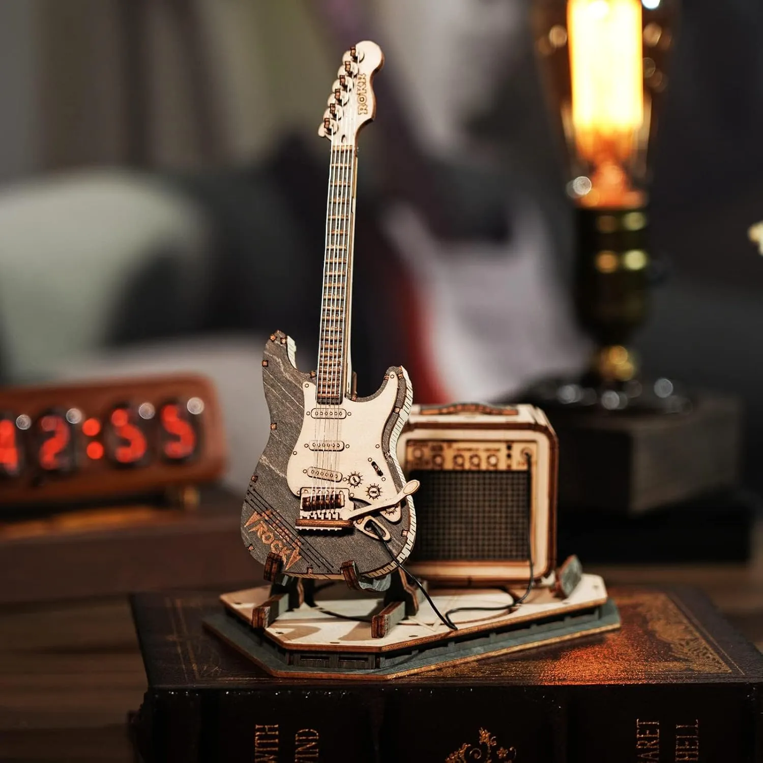 ROKR 3D Puzzles for Adults Wooden Craft Kits Musical Instrument Model Kit Collectibles Home Desk Room Decor (Electric Guitar)