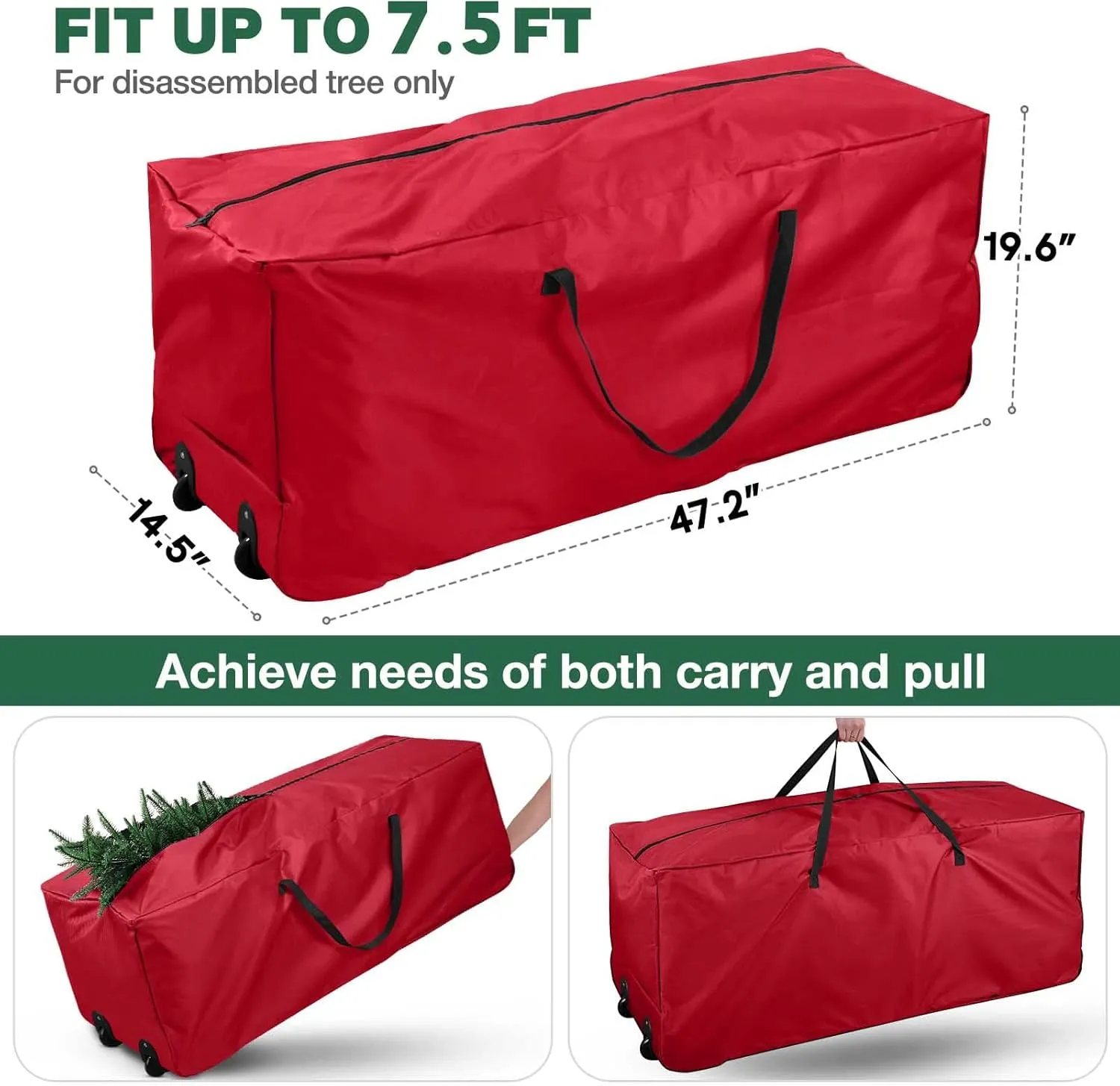 Rolling Christmas Tree Storage Bag - Storage for 7.5-Foot Christmas tree bag, Durable Handles and Wheels - Large Christmas Tree Box Heavy Duty Xmas Storage Container (Red, 7.5FT)