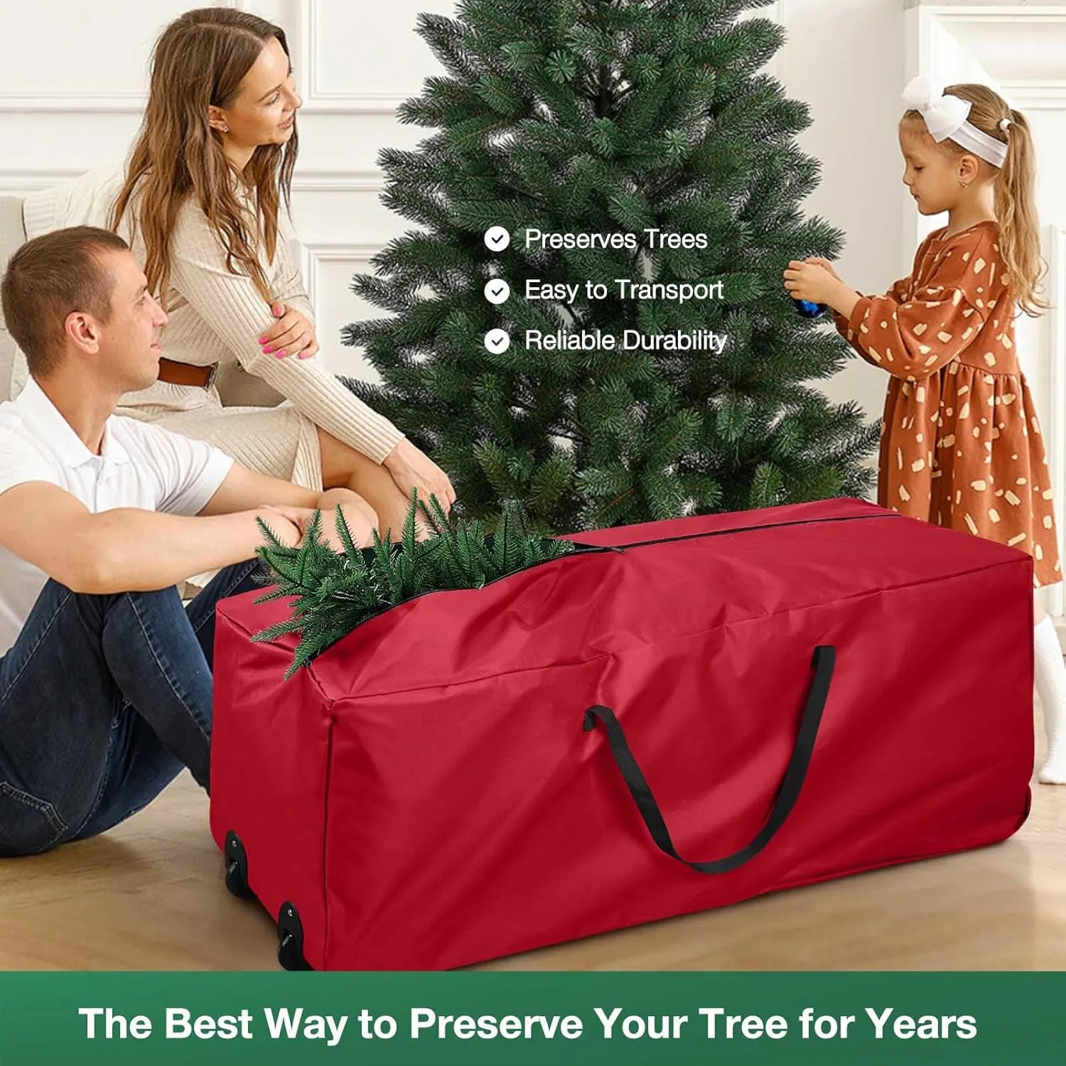 Rolling Christmas Tree Storage Bag - Storage for 7.5-Foot Christmas tree bag, Durable Handles and Wheels - Large Christmas Tree Box Heavy Duty Xmas Storage Container (Red, 7.5FT)