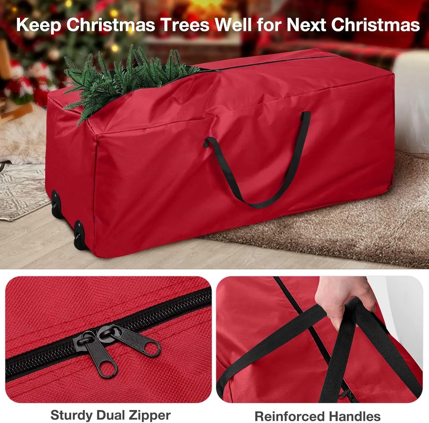 Rolling Christmas Tree Storage Bag - Storage for 7.5-Foot Christmas tree bag, Durable Handles and Wheels - Large Christmas Tree Box Heavy Duty Xmas Storage Container (Red, 7.5FT)