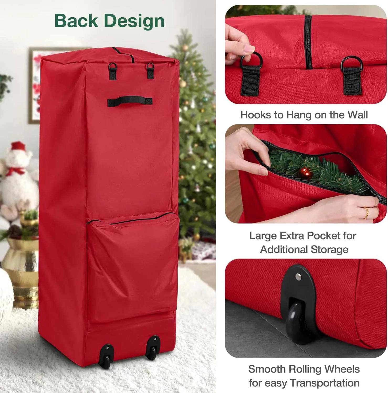Rolling Christmas Tree Storage Bag - Storage for 7.5-Foot Christmas tree bag, Durable Handles and Wheels - Large Christmas Tree Box Heavy Duty Xmas Storage Container (Red, 7.5FT)
