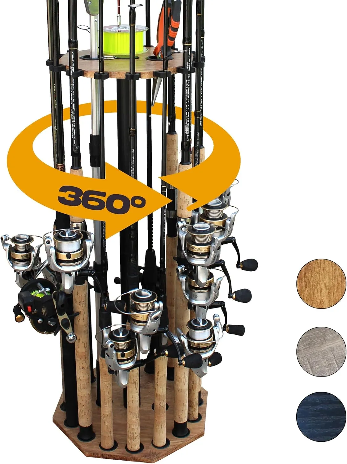 Rush Creek Creations 16-Rod Spinning Fishing Pole Rack - Premium Rod Holder for Garage, Basement, or Shed - Top Plate Inserts for Nets, Tackle, and Accessories - Gear Storage