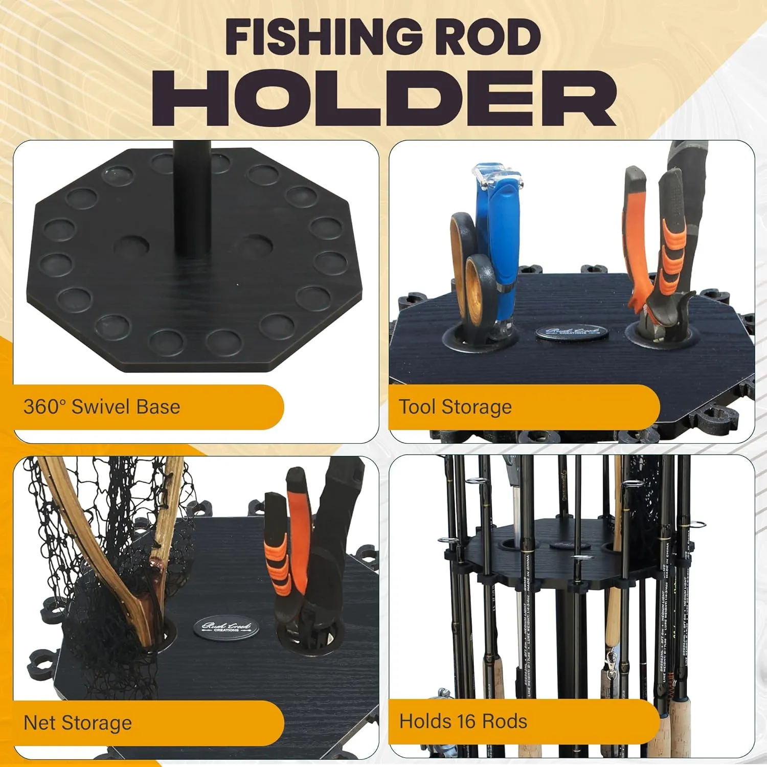 Rush Creek Creations | Rod Holder for 16 Fishing Poles, Garage Organization and Storage, for Reels, Gear, Accessories, Tackle Box
