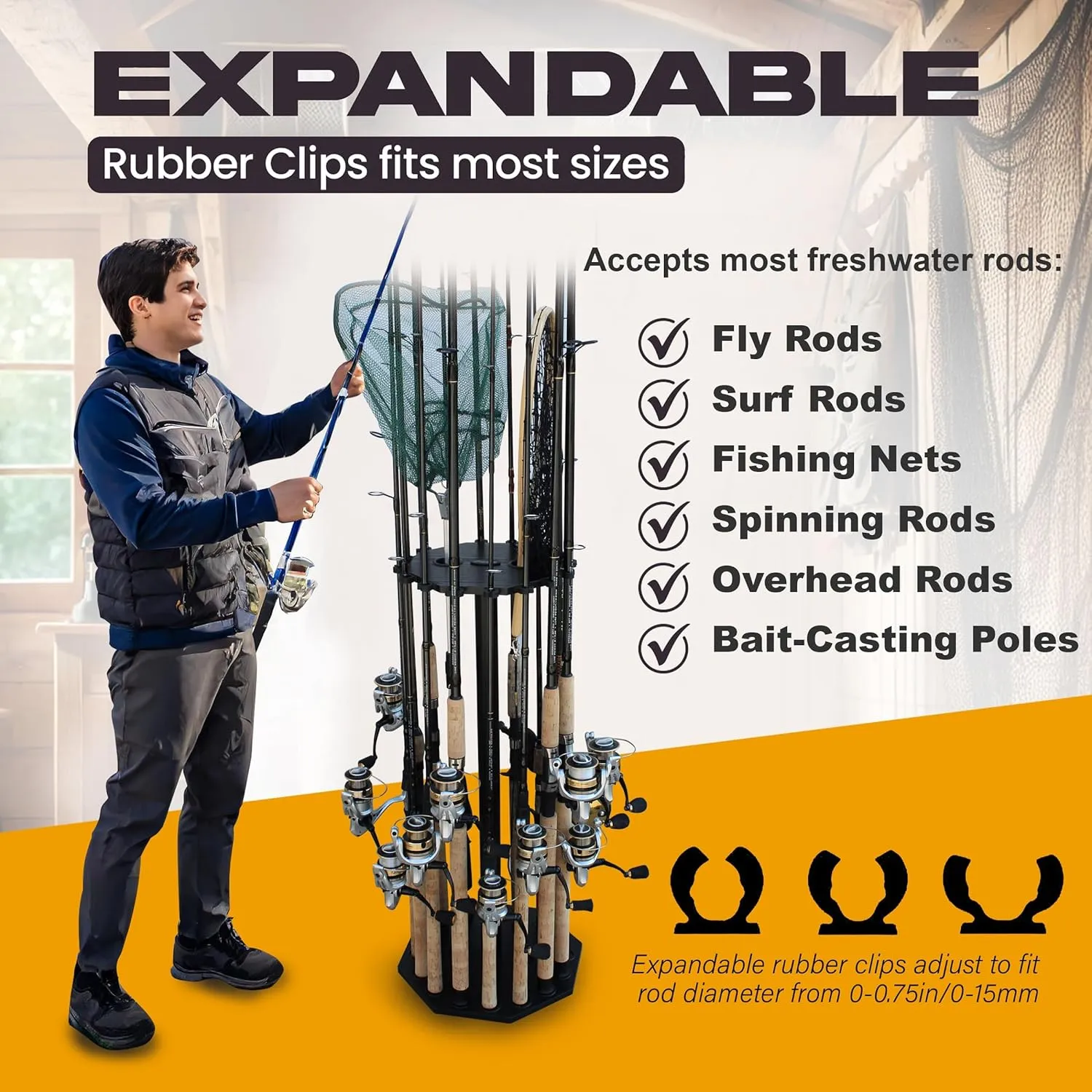 Rush Creek Creations | Rod Holder for 16 Fishing Poles, Garage Organization and Storage, for Reels, Gear, Accessories, Tackle Box