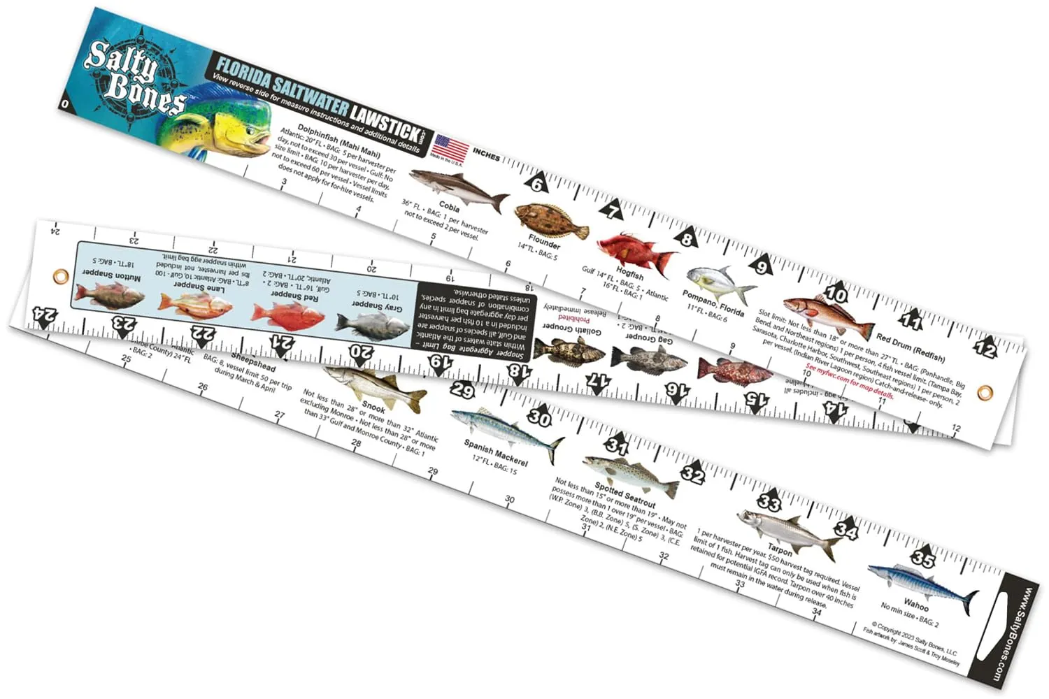 Salty Bones Florida Saltwater Lawstick - Double-Sided 36" Folding Fishing Ruler with Florida's Atlantic and Gulf Guidelines - Made in The USA - Updated for 2025 - Newest Version