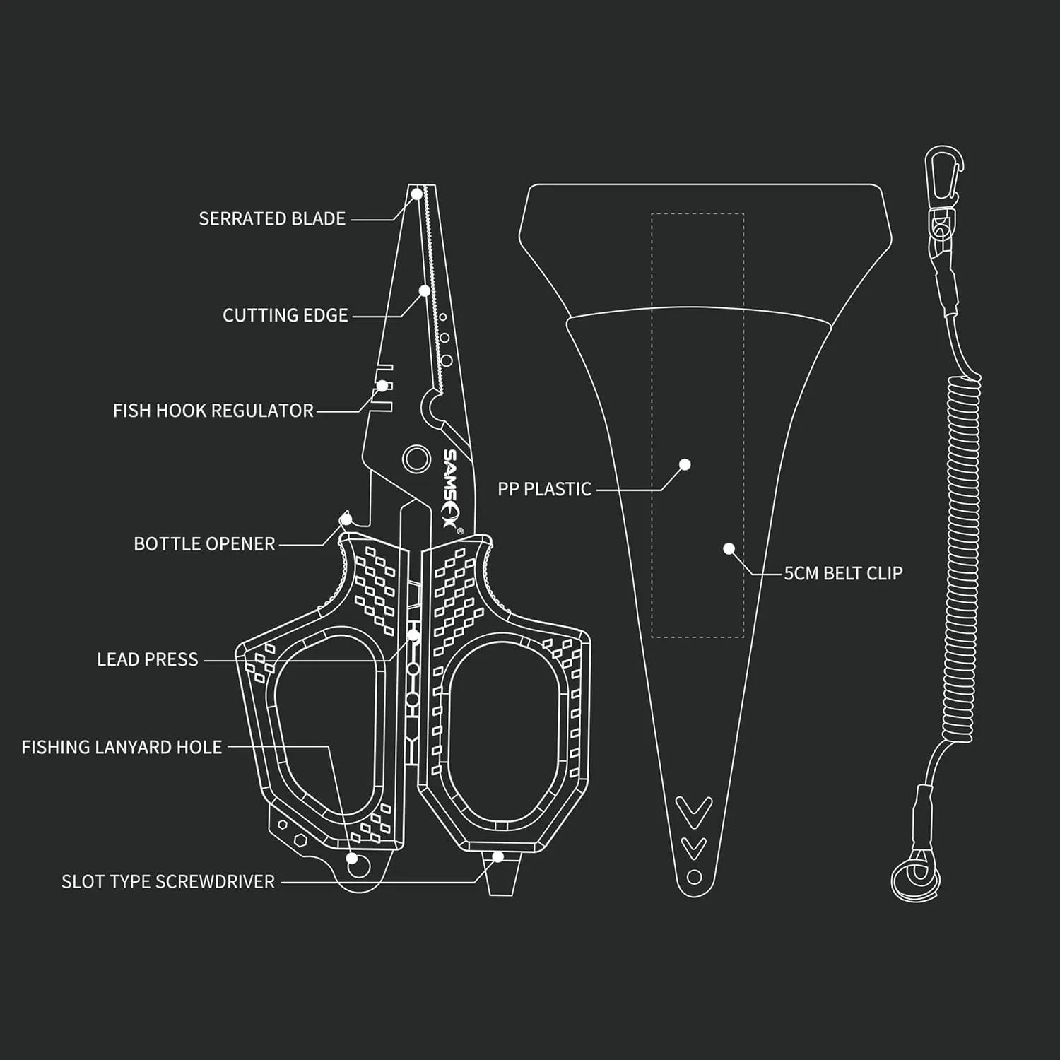 SAMSFX Fishing 6.5" Pro Fishing Scissos, Dual Serrated Blades, Braided Line Shears with Titanium Coating, Non-Slip Grip & Multifunction Tool, Come with Hard Molded Locking Sheath & Coiled Lanyad