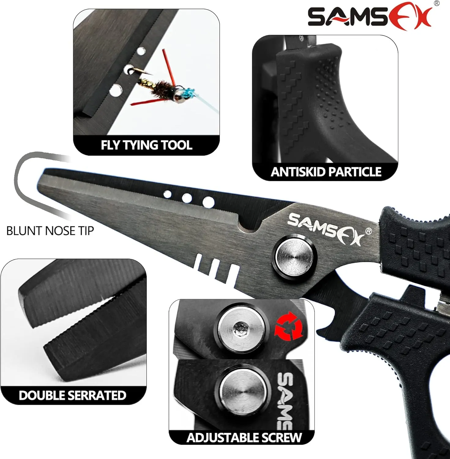 SAMSFX Fishing 6.5" Pro Fishing Scissos, Dual Serrated Blades, Braided Line Shears with Titanium Coating, Non-Slip Grip & Multifunction Tool, Come with Hard Molded Locking Sheath & Coiled Lanyad