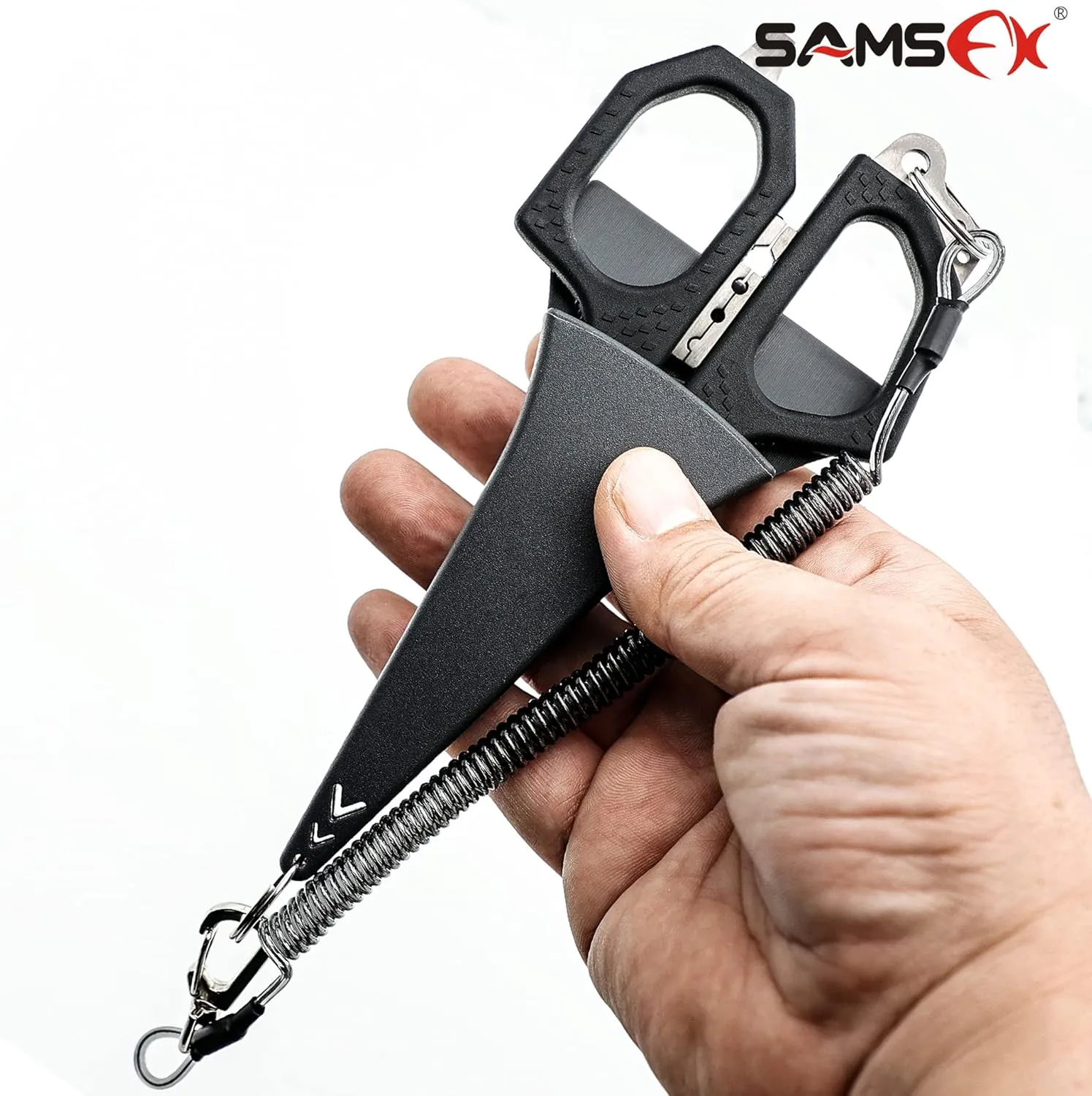 SAMSFX Fishing 6.5" Pro Fishing Scissos, Dual Serrated Blades, Braided Line Shears with Titanium Coating, Non-Slip Grip & Multifunction Tool, Come with Hard Molded Locking Sheath & Coiled Lanyad