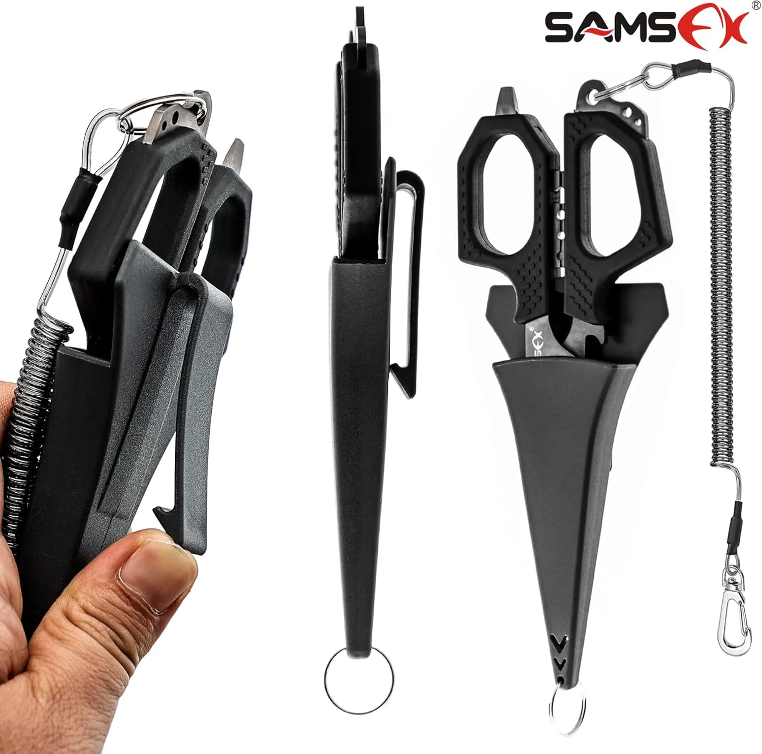 SAMSFX Fishing 6.5" Pro Fishing Scissos, Dual Serrated Blades, Braided Line Shears with Titanium Coating, Non-Slip Grip & Multifunction Tool, Come with Hard Molded Locking Sheath & Coiled Lanyad