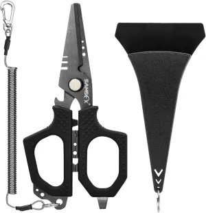 SAMSFX Fishing 6.5" Pro Fishing Scissos, Dual Serrated Blades, Braided Line Shears with Titanium Coating, Non-Slip Grip & Multifunction Tool, Come with Hard Molded Locking Sheath & Coiled Lanyad