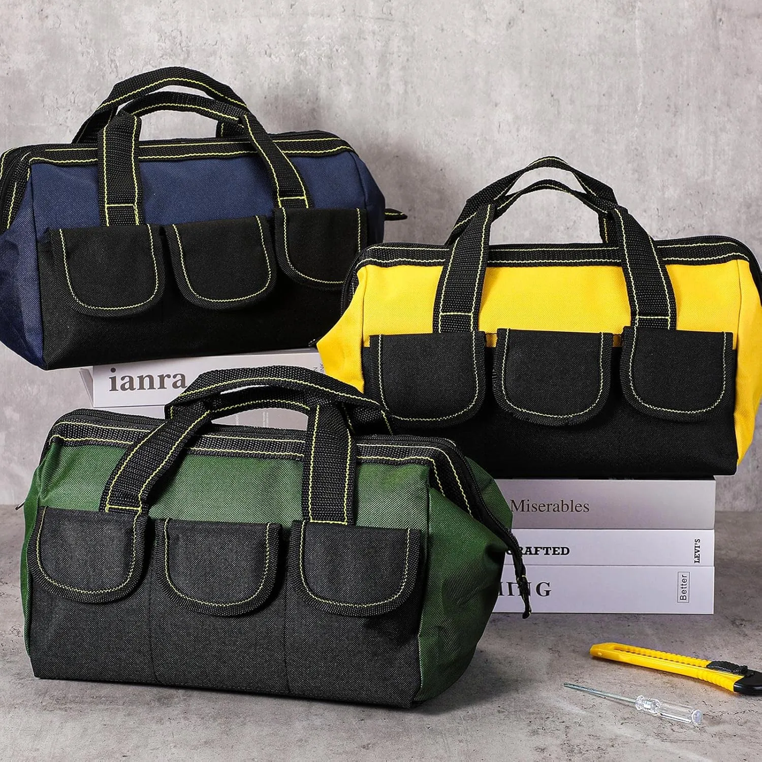 Sanwuta 3 Pack Tool Bag for Men with Waterproof Hard Bottom, Heavy Duty Tool Bag Wide Mouth Tote for Various Instrument, Electrician Carpenter Mechanic(16 Inch,Blue, Green, Yellow)
