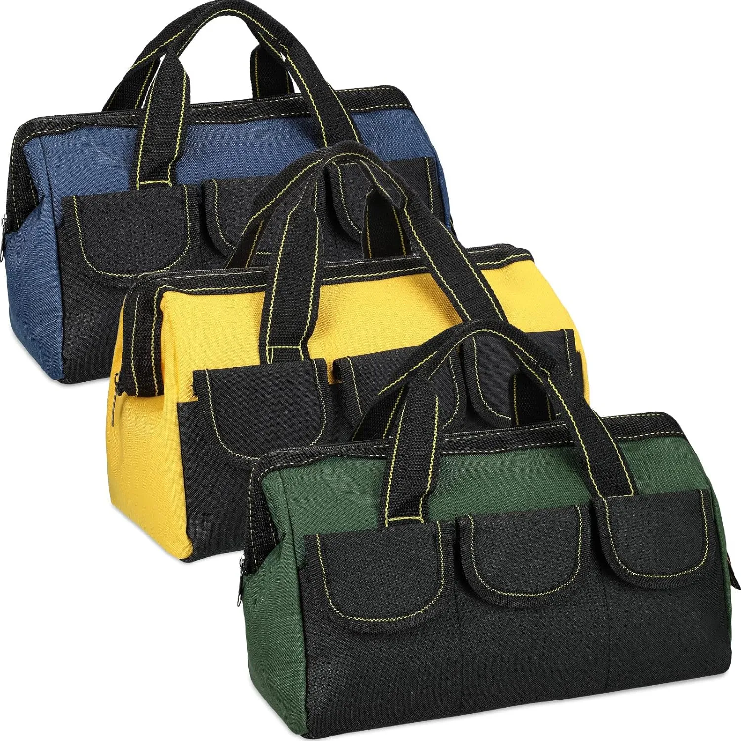 Sanwuta 3 Pack Tool Bag for Men with Waterproof Hard Bottom, Heavy Duty Tool Bag Wide Mouth Tote for Various Instrument, Electrician Carpenter Mechanic(16 Inch,Blue, Green, Yellow)