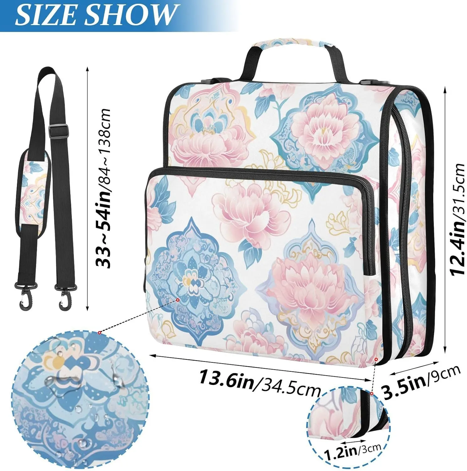Seamless Asian Traditional Patterns Waterproof 1.5-Inch 3-Rings Portable Home Travel Safe Storage Bag with Shoulder Strap
