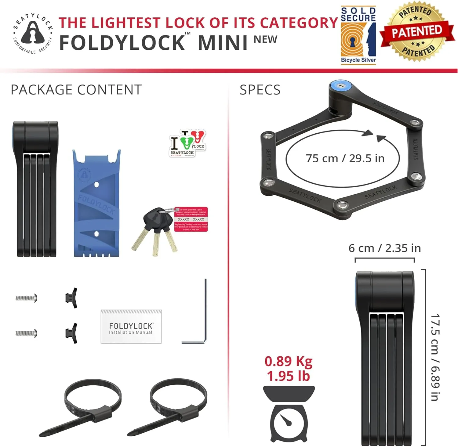 Seatylock FoldyLock Mini Folding Bike Lock - Patented Lightweight Bicycle Lock - Heavy Duty Anti Theft Guard with Key for Electric Scooter & City Bikes