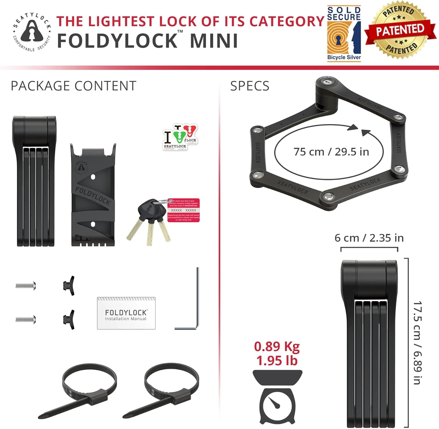 Seatylock FoldyLock Mini Folding Bike Lock - Patented Lightweight Bicycle Lock - Heavy Duty Anti Theft Guard with Key for Electric Scooter & City Bikes