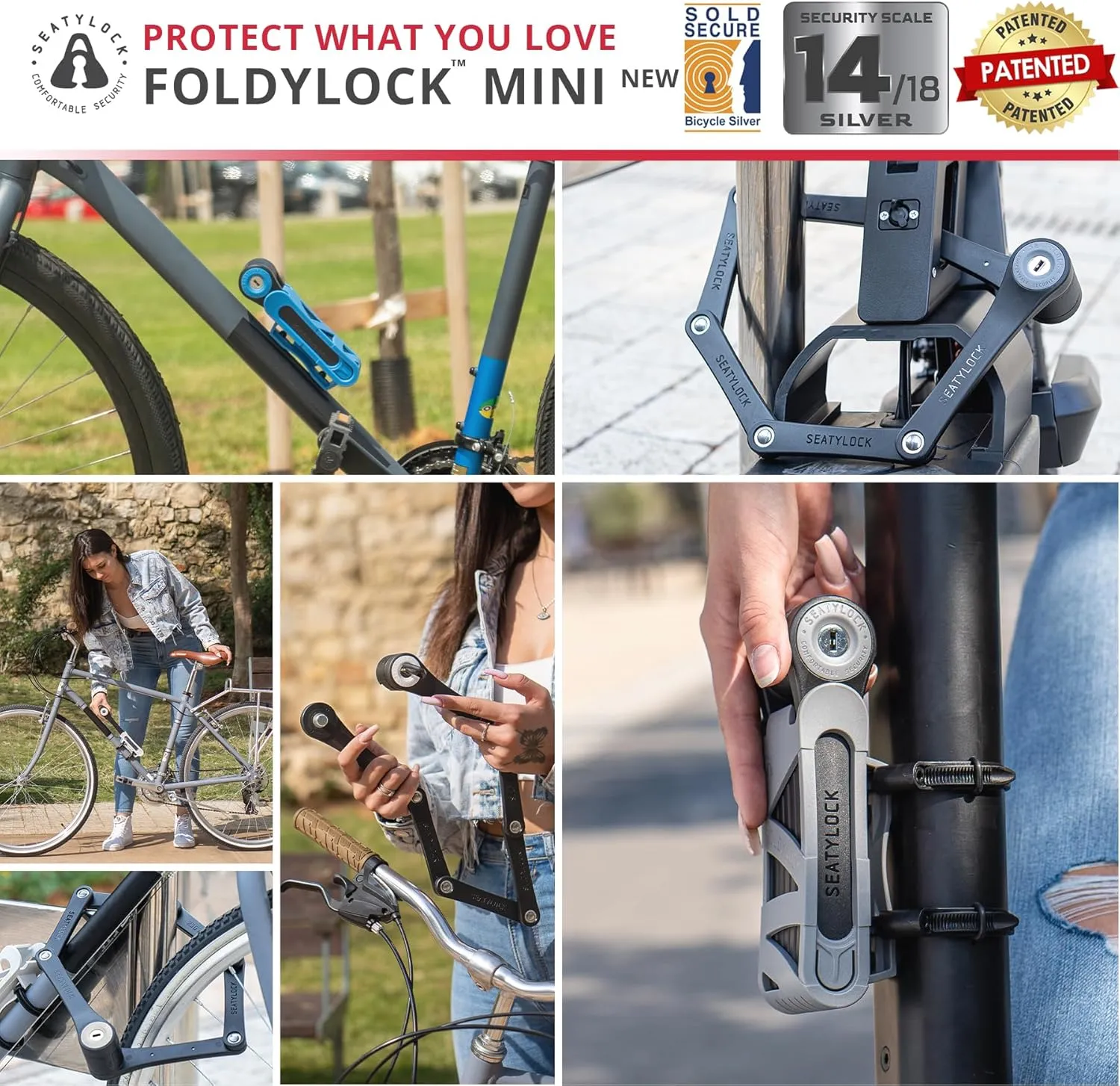 Seatylock FoldyLock Mini Folding Bike Lock - Patented Lightweight Bicycle Lock - Heavy Duty Anti Theft Guard with Key for Electric Scooter & City Bikes