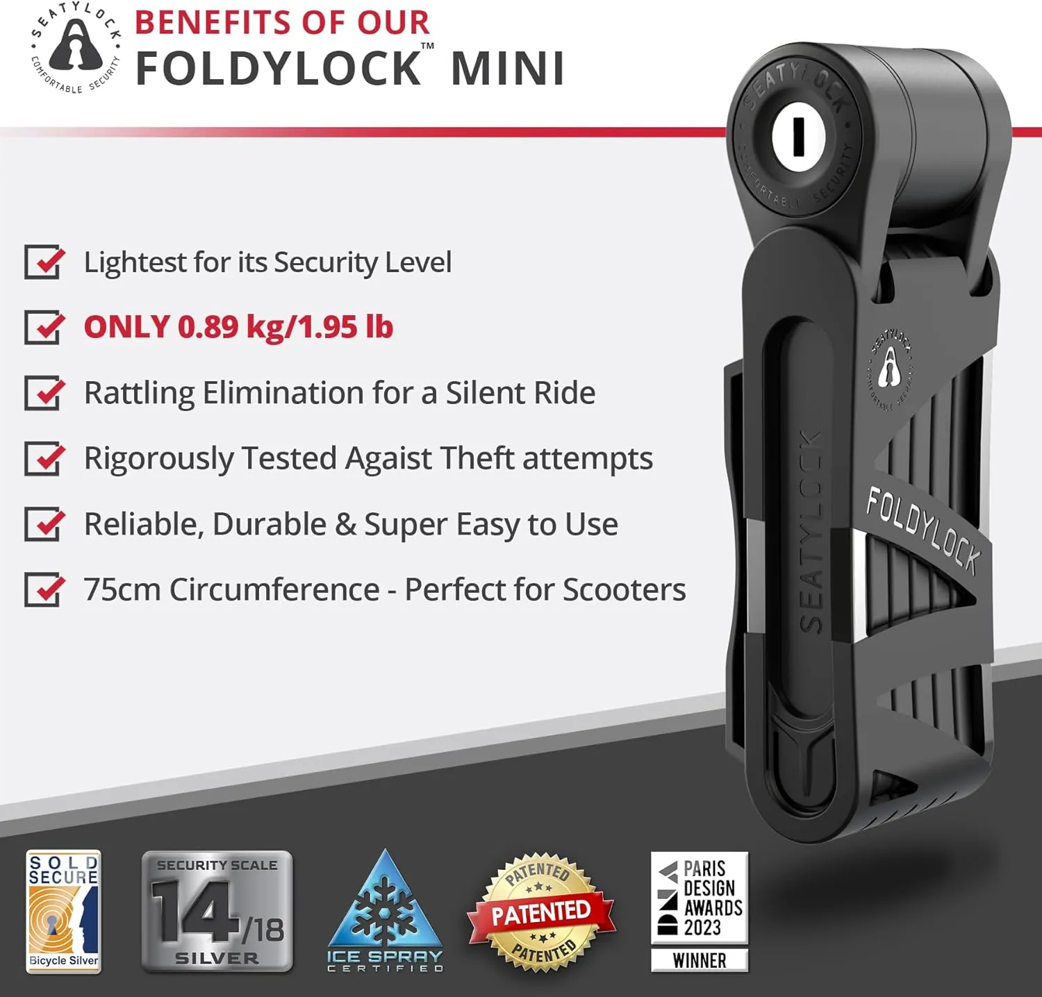 Seatylock FoldyLock Mini Folding Bike Lock - Patented Lightweight Bicycle Lock - Heavy Duty Anti Theft Guard with Key for Electric Scooter & City Bikes