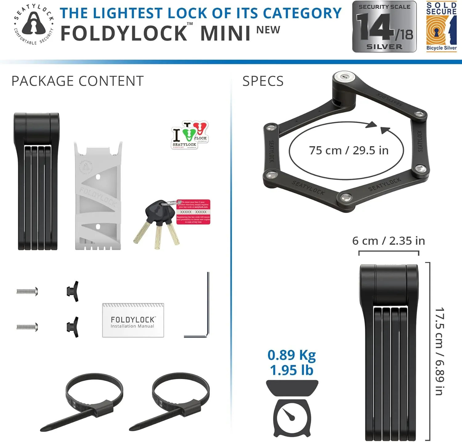 Seatylock FoldyLock Mini Folding Bike Lock - Patented Lightweight Bicycle Lock - Heavy Duty Anti Theft Guard with Key for Electric Scooter & City Bikes
