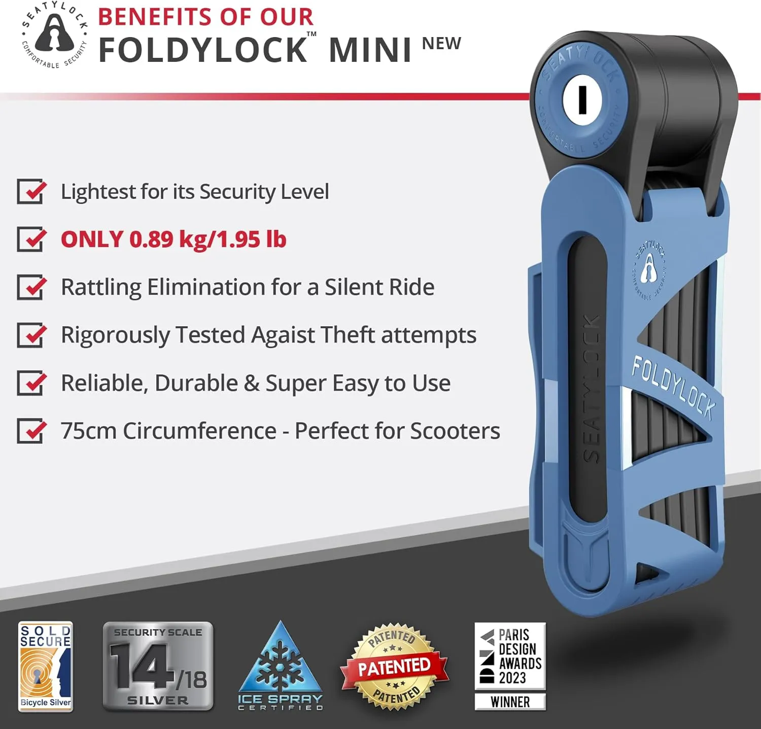 Seatylock FoldyLock Mini Folding Bike Lock - Patented Lightweight Bicycle Lock - Heavy Duty Anti Theft Guard with Key for Electric Scooter & City Bikes
