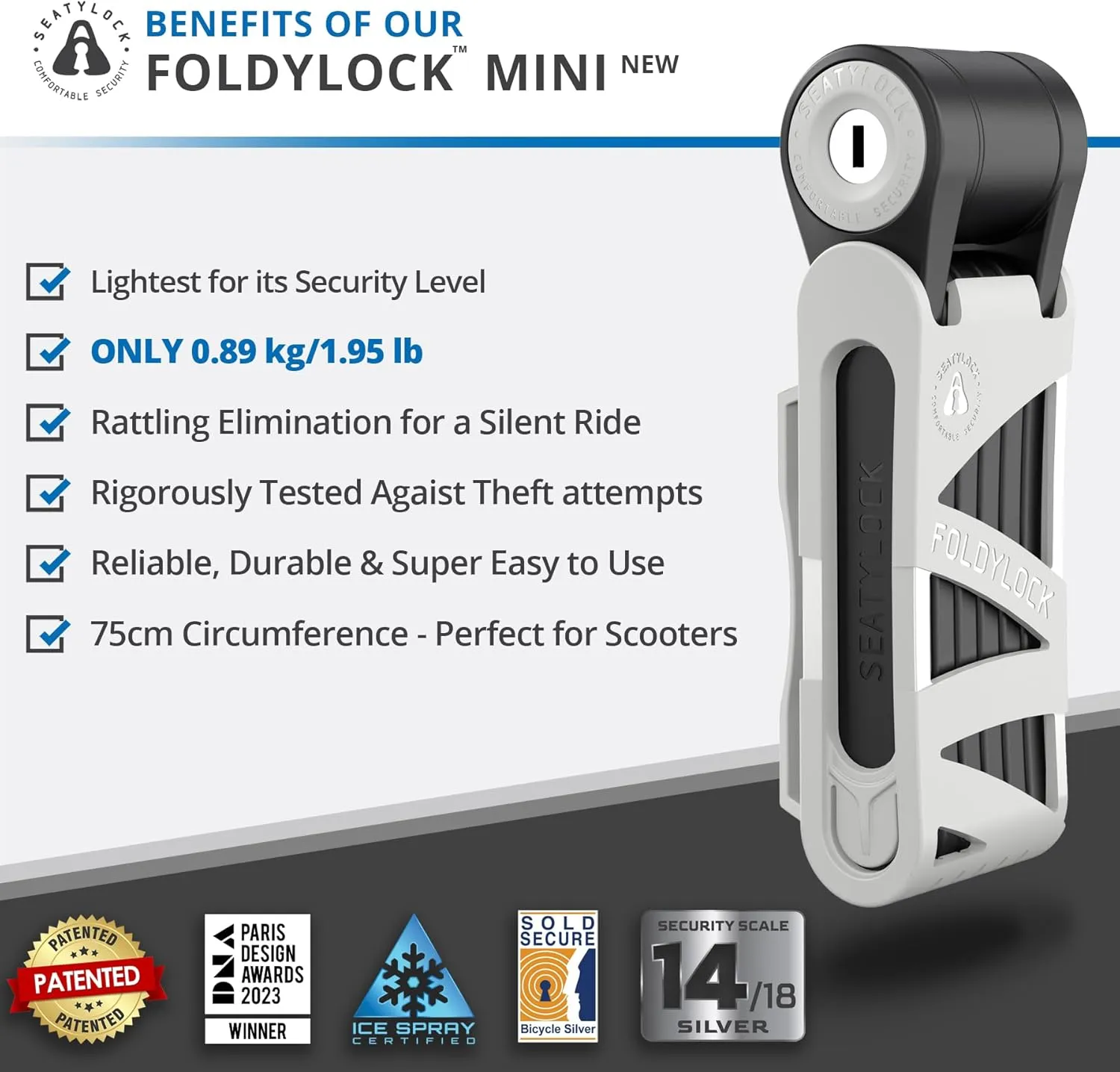 Seatylock FoldyLock Mini Folding Bike Lock - Patented Lightweight Bicycle Lock - Heavy Duty Anti Theft Guard with Key for Electric Scooter & City Bikes