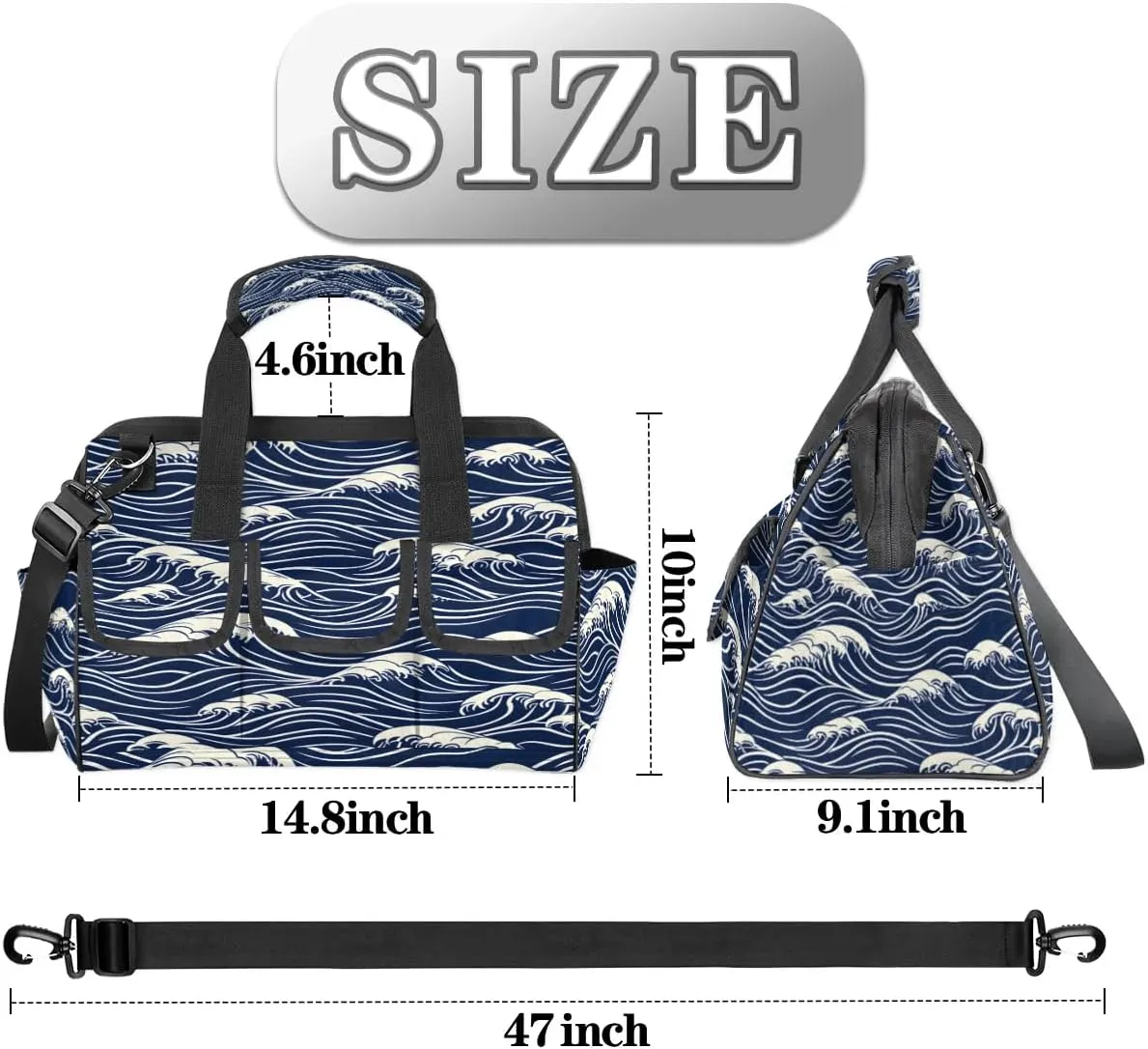 Seawater Print Tool Bag for Men Tool Bag with 6 Pockets Tool Case Waterproof Adjustable Shoulder Strap Worker Tool Box Organizer