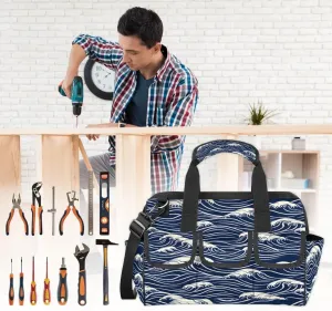 Seawater Print Tool Bag for Men Tool Bag with 6 Pockets Tool Case Waterproof Adjustable Shoulder Strap Worker Tool Box Organizer