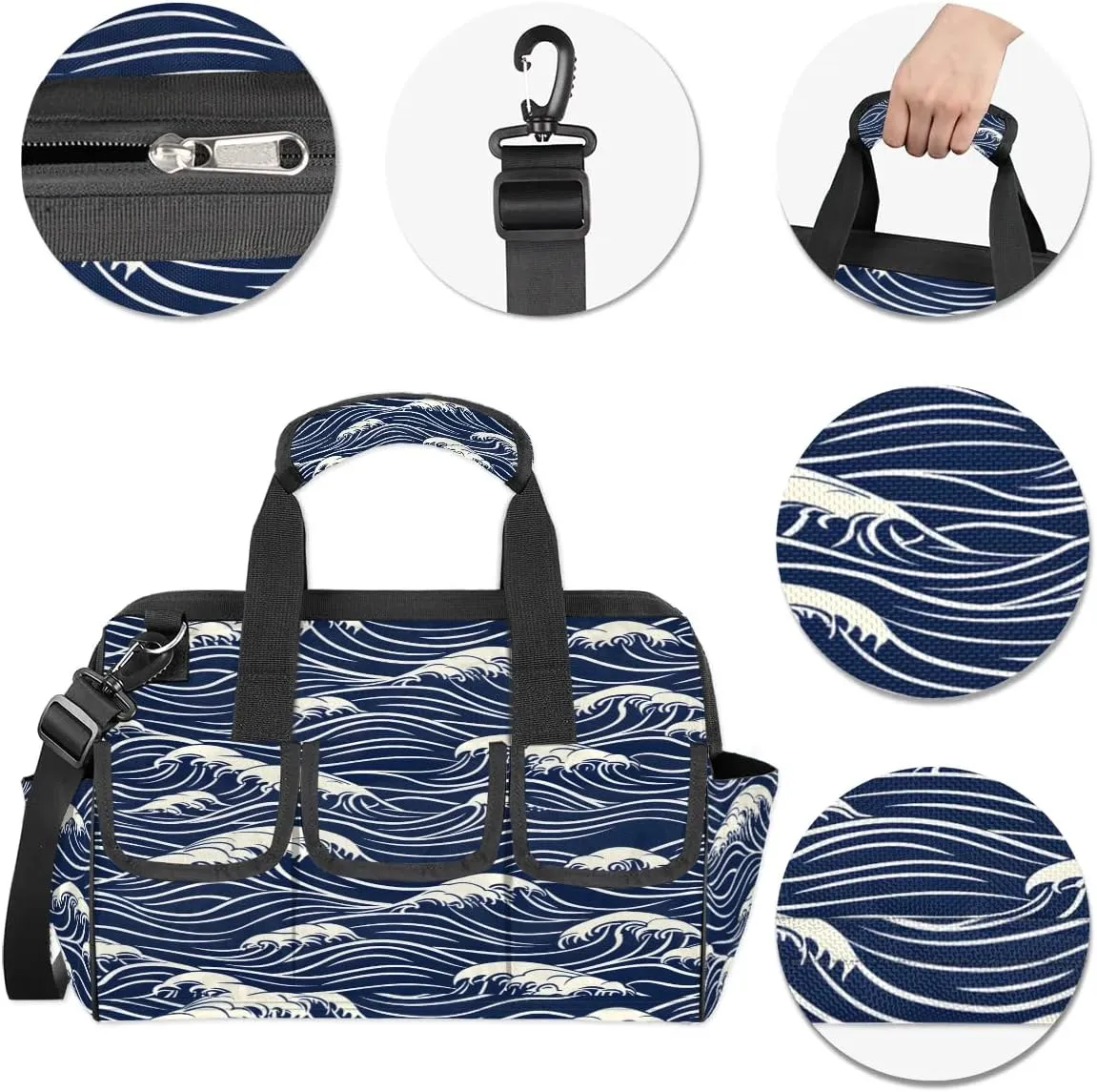 Seawater Print Tool Bag for Men Tool Bag with 6 Pockets Tool Case Waterproof Adjustable Shoulder Strap Worker Tool Box Organizer
