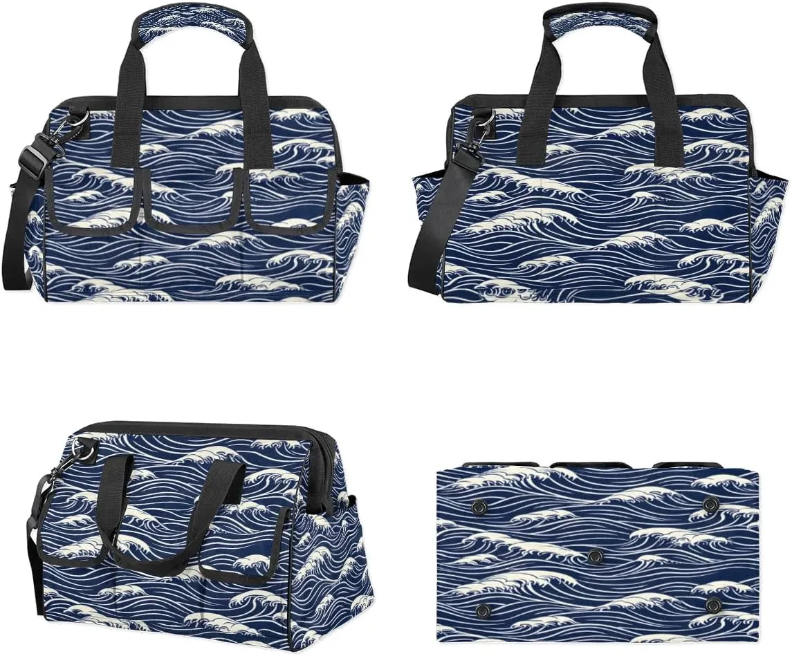 Seawater Print Tool Bag for Men Tool Bag with 6 Pockets Tool Case Waterproof Adjustable Shoulder Strap Worker Tool Box Organizer