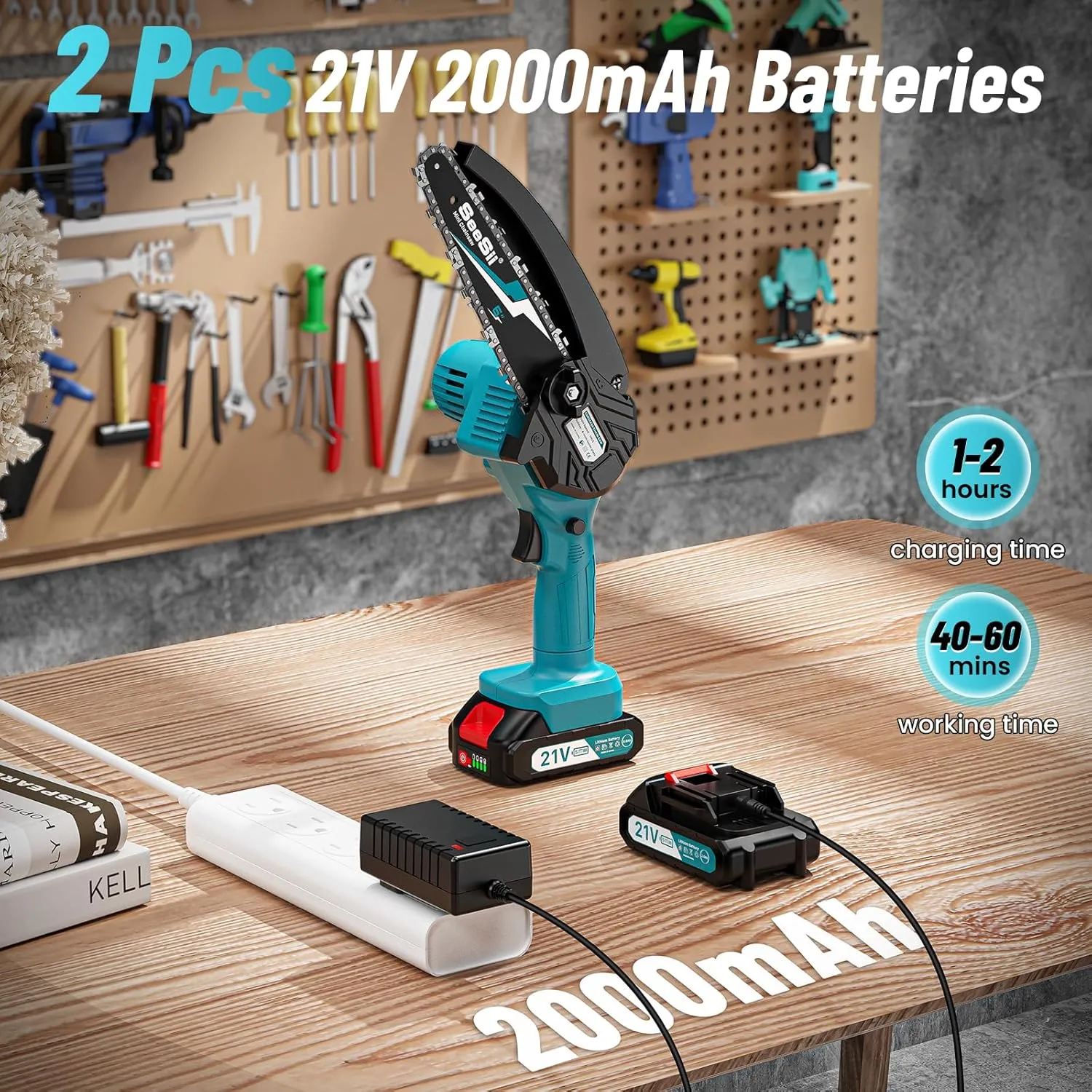 Seesii Mini Chainsaw 6 inch,Cordless Chainsaw w/ 2x2000mAh Batteries,Oiler System & Replacement Chain,Handheld Electric Chain Saw w/Safety Lock,Battery Powered Chainsaw for Wood Tree Cutting, CH600 
