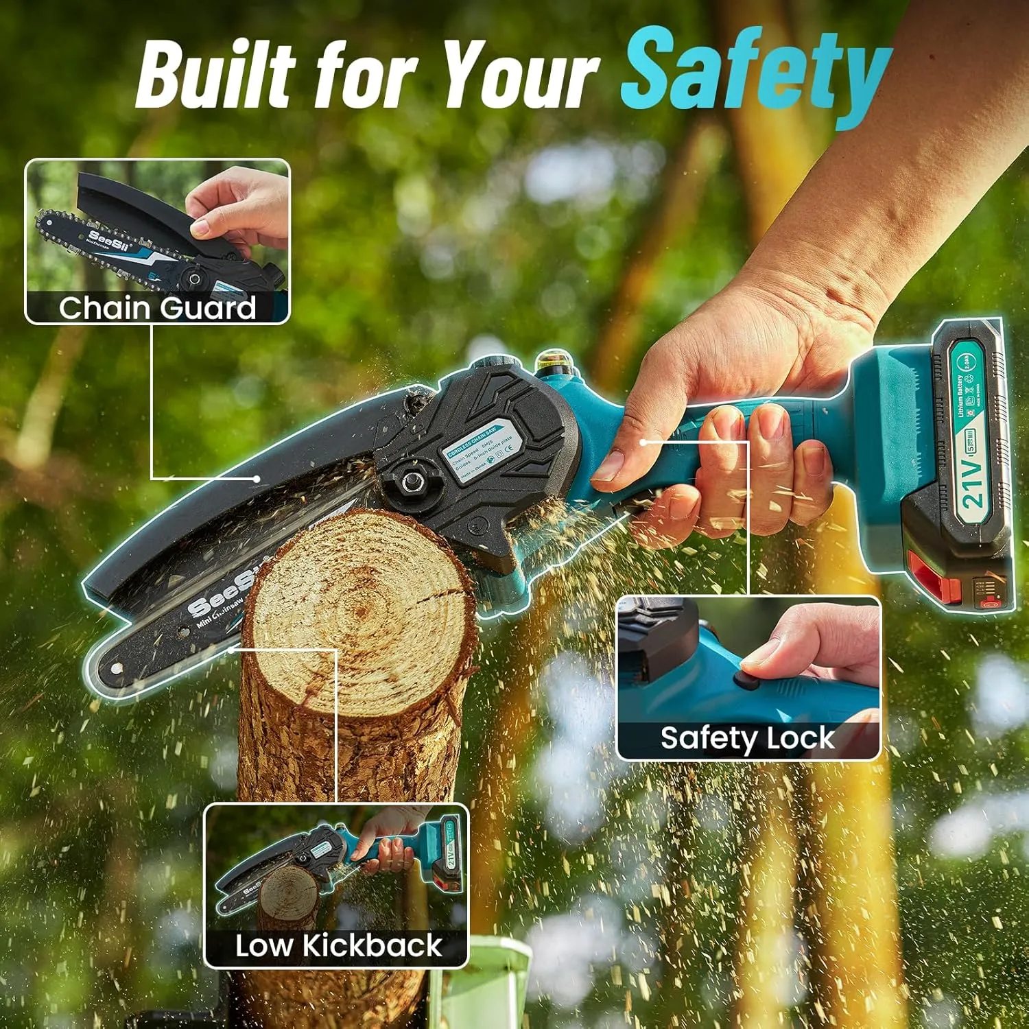 Seesii Mini Chainsaw 6 inch,Cordless Chainsaw w/ 2x2000mAh Batteries,Oiler System & Replacement Chain,Handheld Electric Chain Saw w/Safety Lock,Battery Powered Chainsaw for Wood Tree Cutting, CH600 
