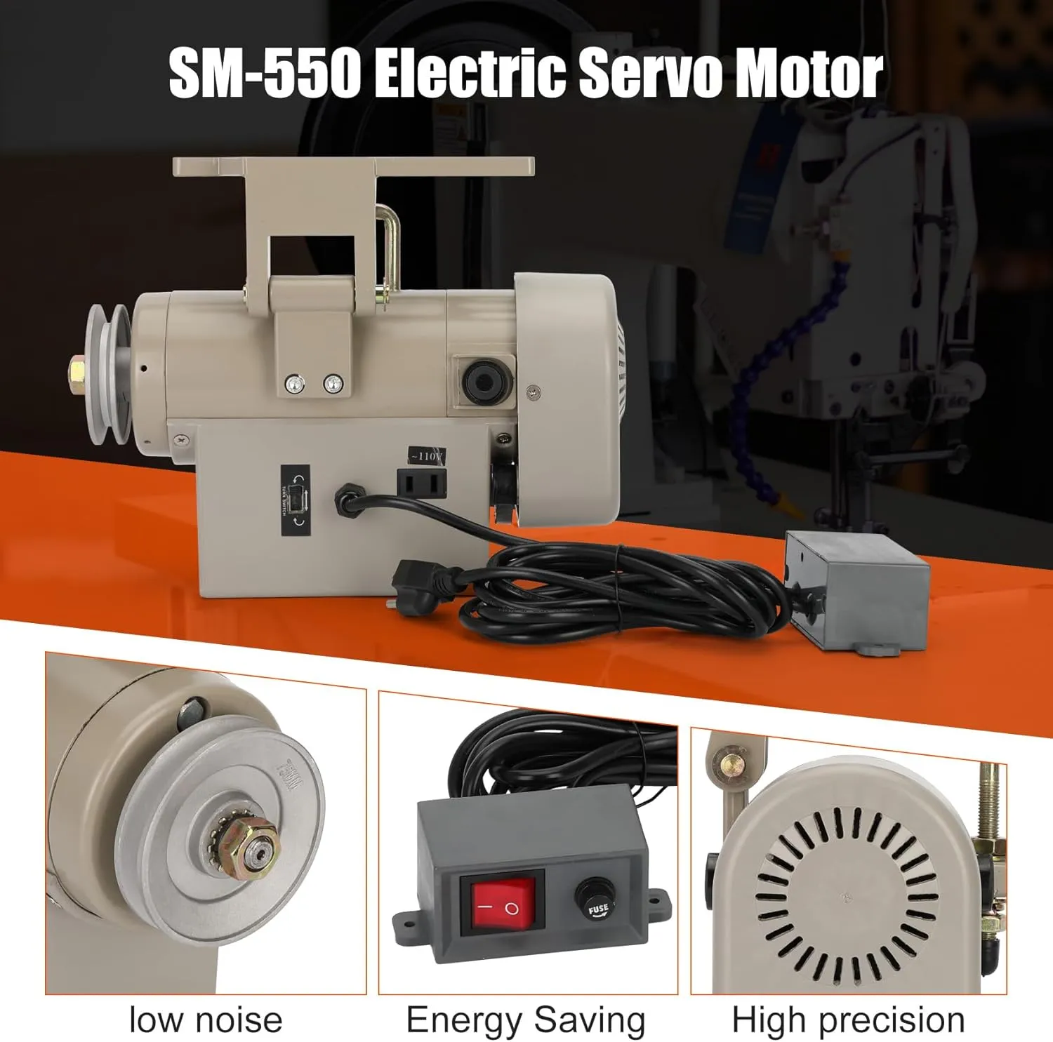 Sewing Machine Servo Motor, 550W Electric Servo Motor, AC110V, 3/4HP, 3450RPM，Industrial Servo Motor with Carbon Brush, Energy Efficient, Quiet Operation, Instructions