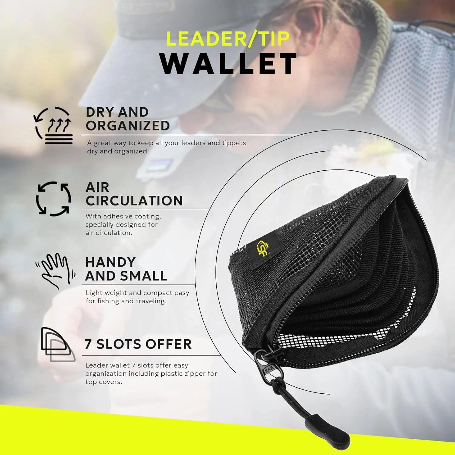 SF Fly Fishing Leader Wallet 4.5'' Quick-Drying 7 Slots Black Mesh Tippet Tapered Leader Polyleader Fly Leader Pocket for Saltwater Freshwater