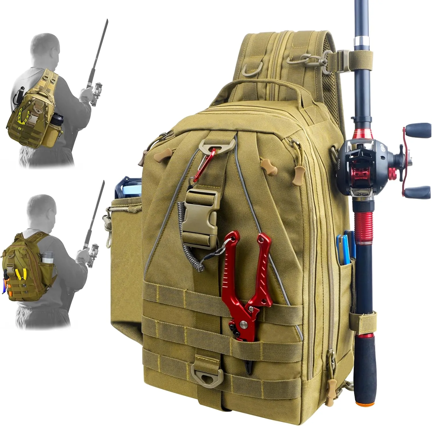 Shaddock Fishing Backpack Tackle Sling Bag - Water Resistant Shoulder Storage Bags with Rod Holder, Ideal Fishing Gifts for Men Women (Large Size)