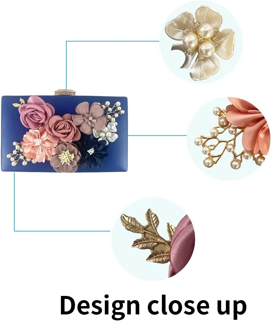 Shiiriin Women's 3D Floral Pearl Clutch Purse perfect for Bridal, Wedding, evening and Parties