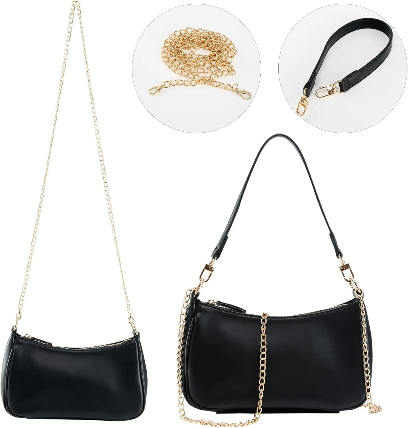 Shoulder Bag for Women with 2 Removable Straps and Zipper Closure Crossbody Bags Clutch Tote HandBags Purses (Black)