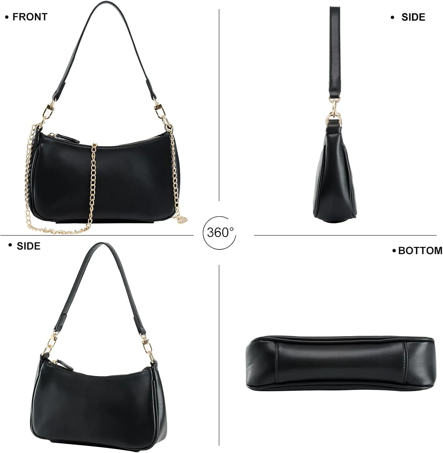Shoulder Bag for Women with 2 Removable Straps and Zipper Closure Crossbody Bags Clutch Tote HandBags Purses (Black)