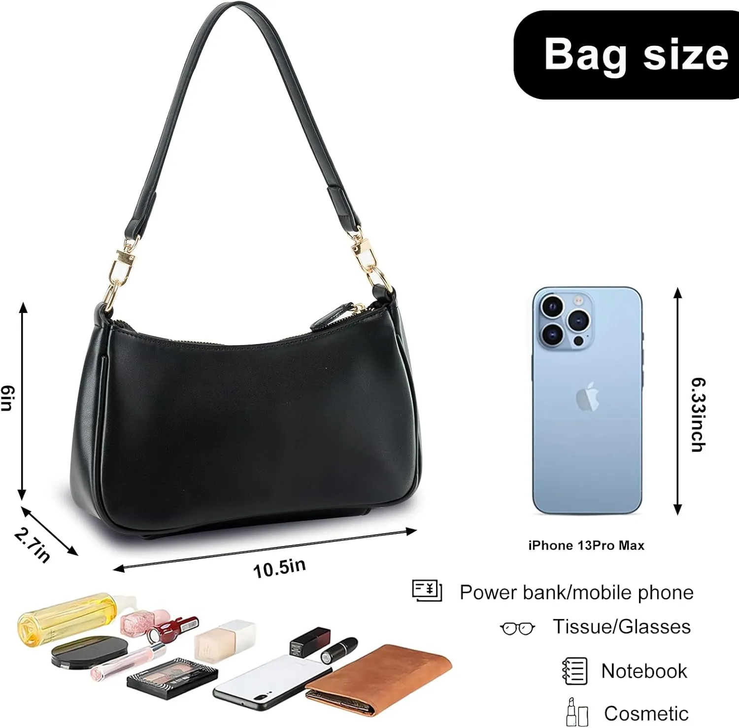 Shoulder Bag for Women with 2 Removable Straps and Zipper Closure Crossbody Bags Clutch Tote HandBags Purses (Black)