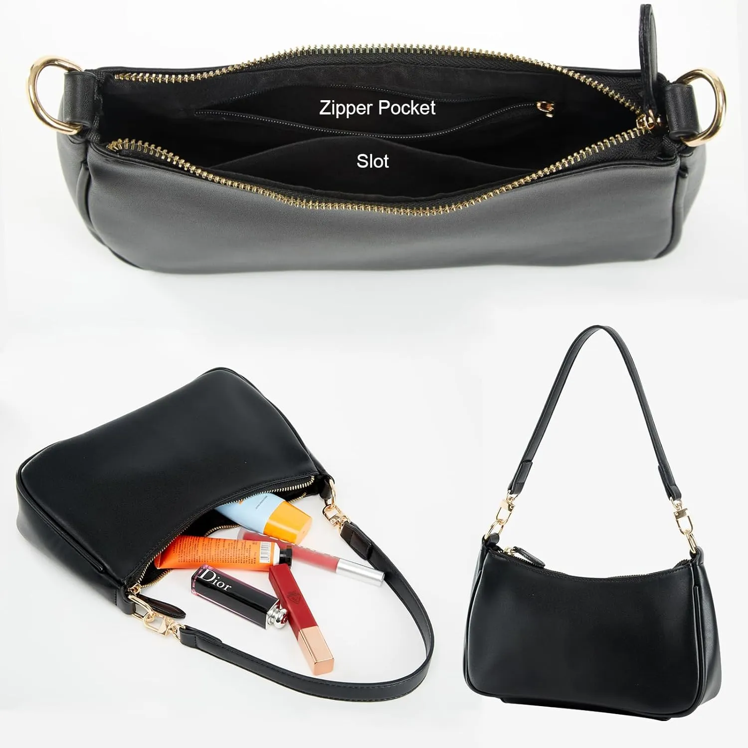 Shoulder Bag for Women with 2 Removable Straps and Zipper Closure Crossbody Bags Clutch Tote HandBags Purses (Black)