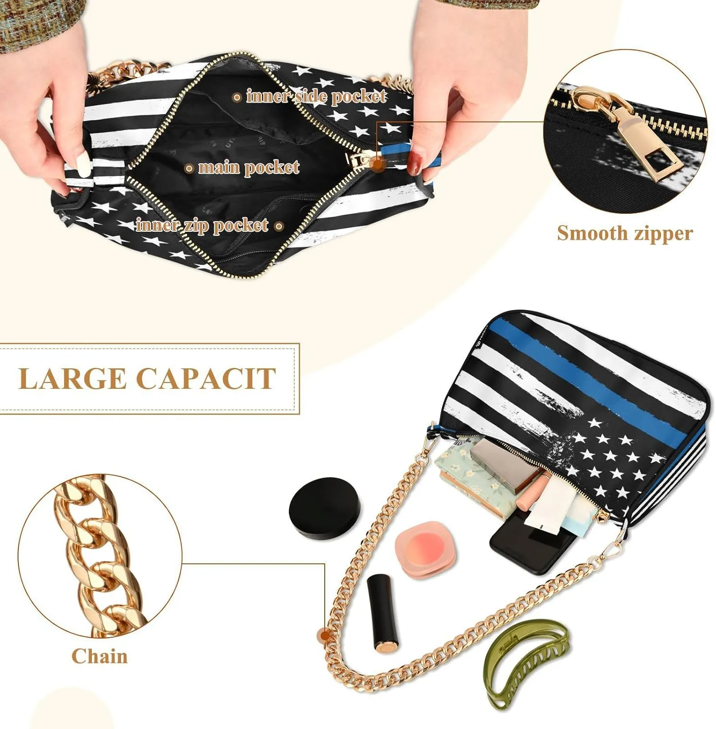 Shoulder Bags for Women American US Flag Independence Day Patriotic Hobo Tote Handbag Small Clutch Purse with Zipper Closure