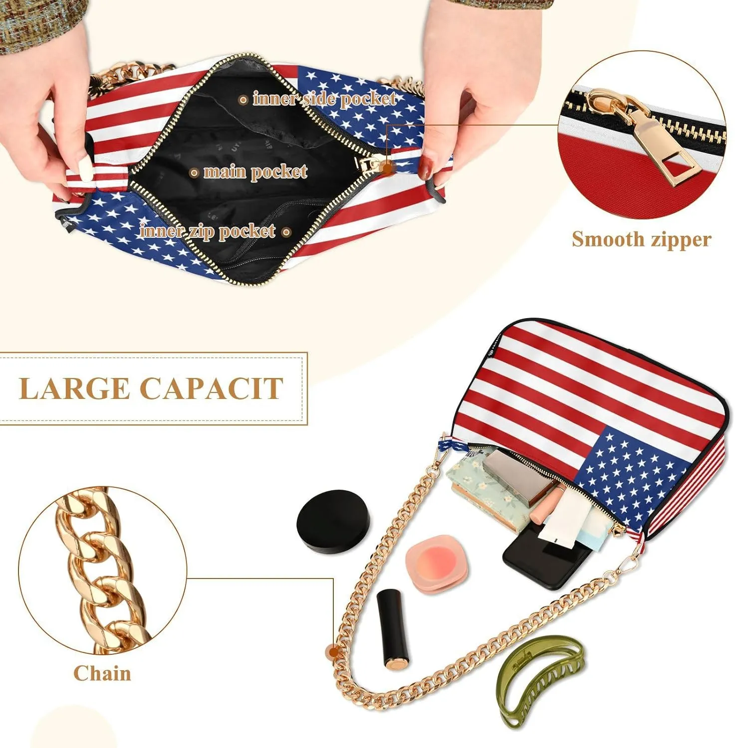 Shoulder Bags for Women American US Flag Independence Day Patriotic Hobo Tote Handbag Small Clutch Purse with Zipper Closure