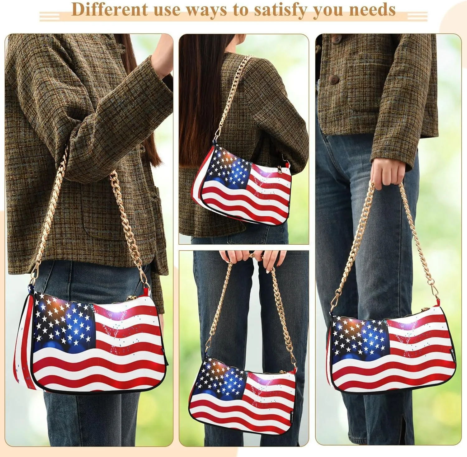 Shoulder Bags for Women American US Flag Independence Day Patriotic Hobo Tote Handbag Small Clutch Purse with Zipper Closure