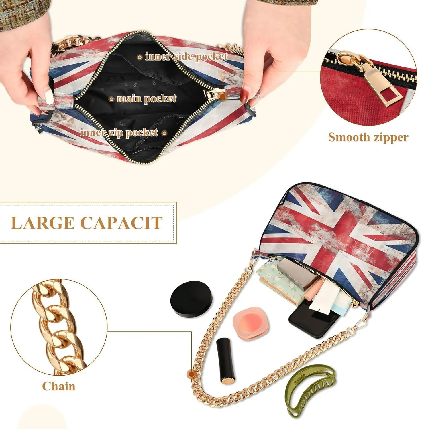 Shoulder Bags for Women American US Flag Independence Day Patriotic Hobo Tote Handbag Small Clutch Purse with Zipper Closure
